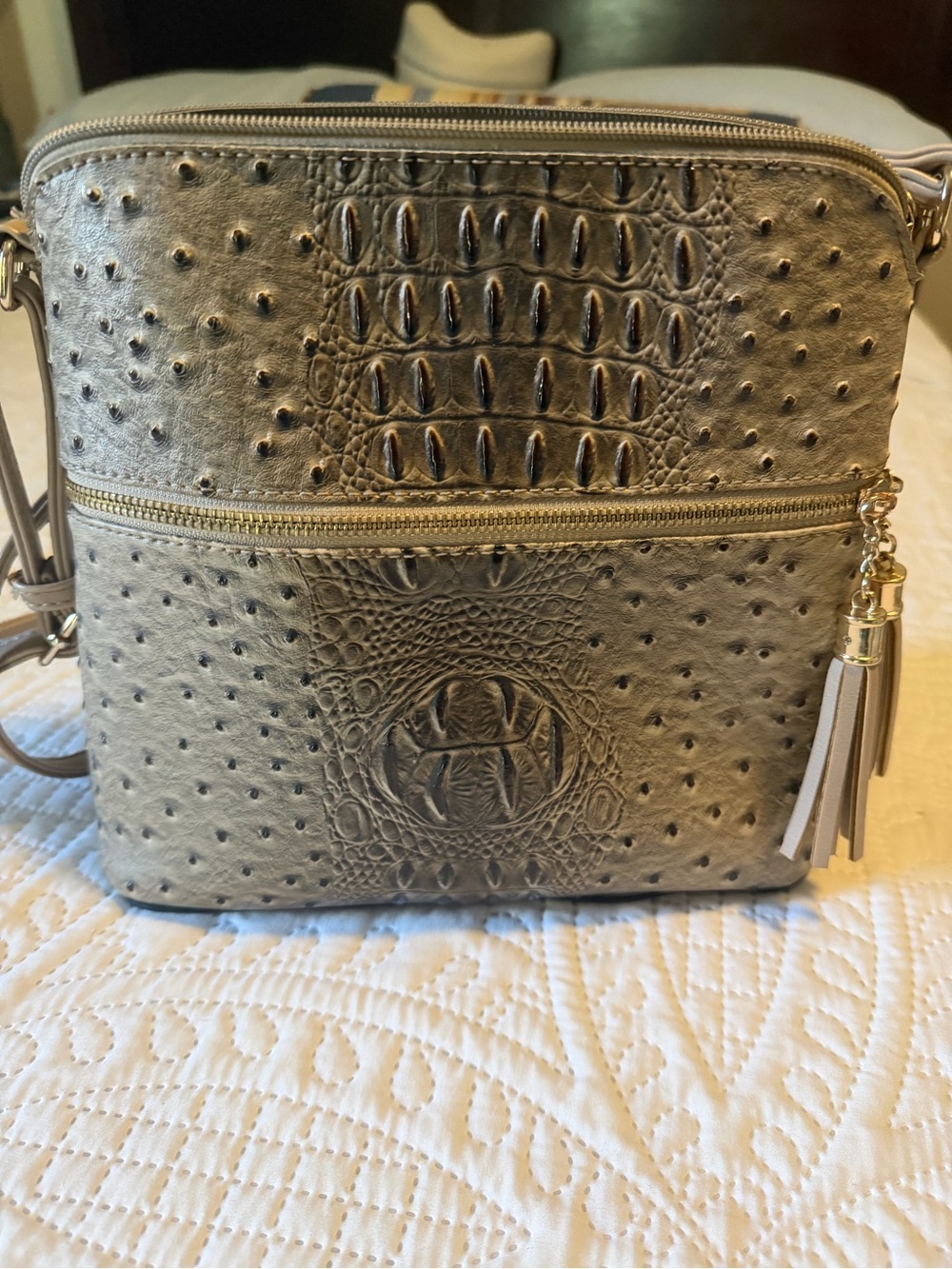 Women's Faux Ostrich & Croc Crossbody Bag in Taupe